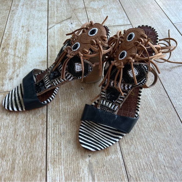 Sam Edelman Sandals Yates Tribal Beaded Wraparound High Heel Black & Soft Saddle - Picture 8 of 16